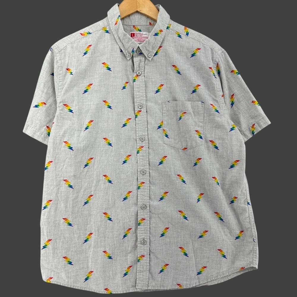 Rainbow Lightning Bolt Print Short Sleeve Button Down Grey Mens L Rainbowcore